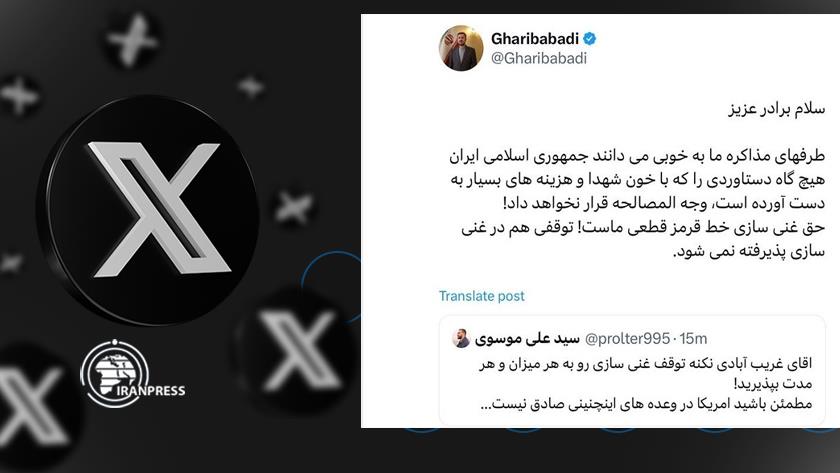 Iranpress: غريب آبادي: حق تخصيب اليورانيوم خطنا الأحمر المحتوم 